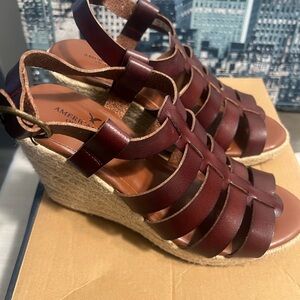 American Eagle Outfitters Maroon Leather Woven Espadrille Wedge Sandals